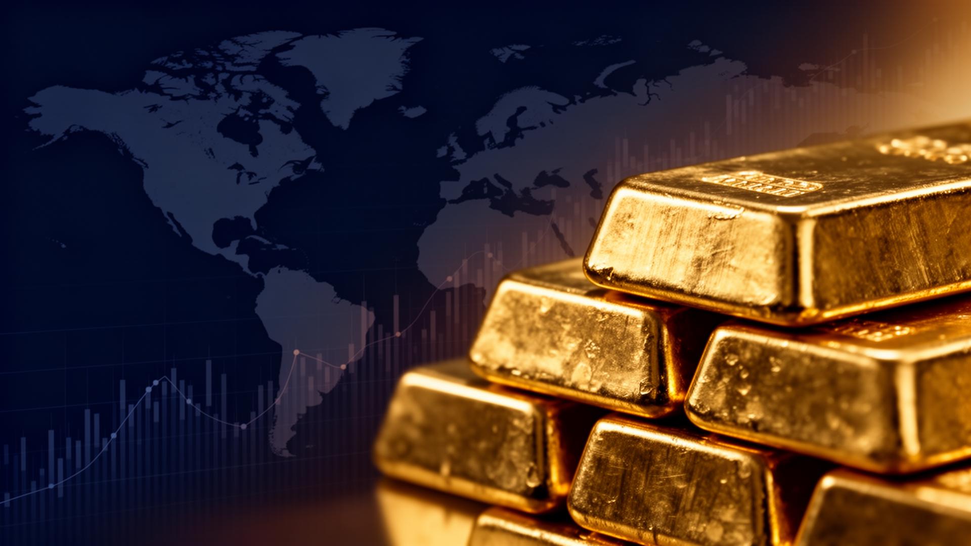 Gold bars over a world map representing global commodities